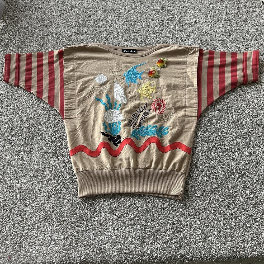 Vintage Richard Martin Shirt Womens Small Ocean Fish Stripe Beaded Dolman Sleeve
